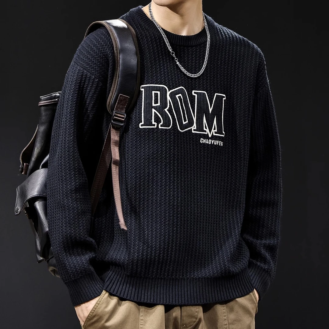 MR.MUDI/穆迪先生粗线刺绣毛衣男秋冬款保暖衣服圆领重磅打底大码