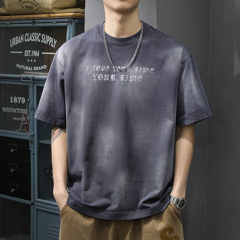 MR.MUDI/穆迪先生夏300g重磅复古水洗短袖t恤男宽松大码美式休闲