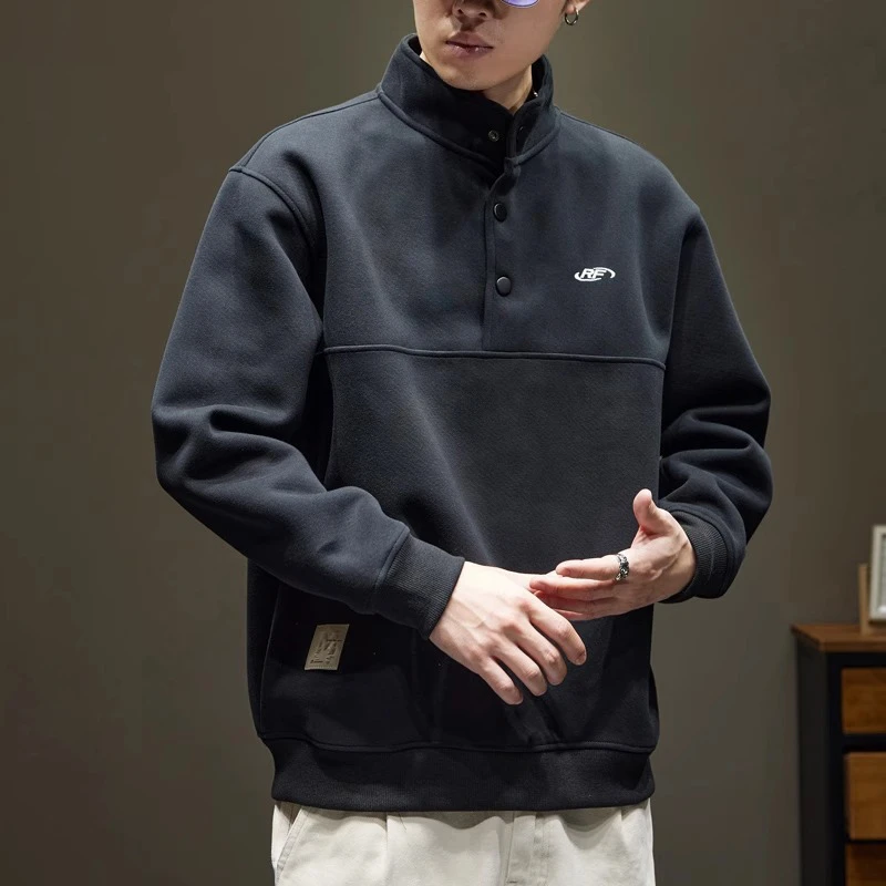 MR.MUDI/穆迪先生秋冬复古纽扣立领卫衣男秋季新款刺绣动衣服