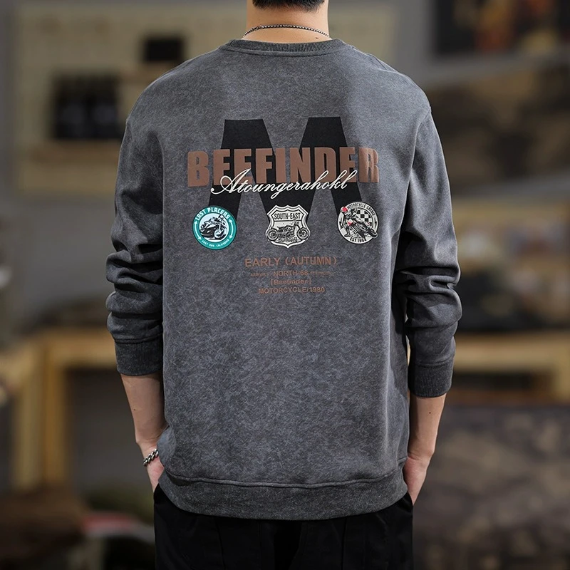 MR.MUDI/穆迪先生2025秋季新款灰色休闲男士卫衣宽松大码印花上衣