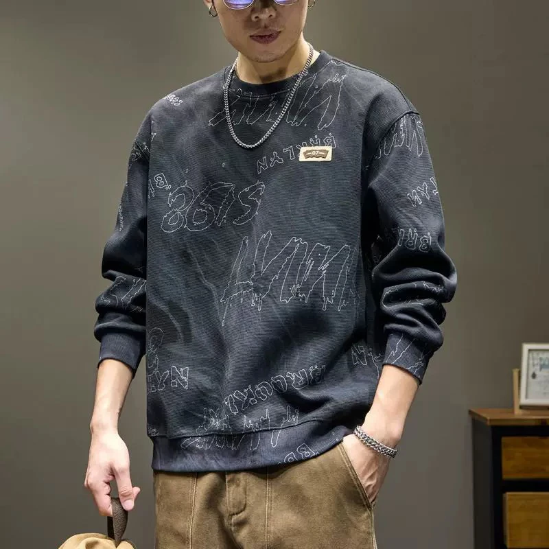 MR.MUDI/穆迪先生复古云染洗褪圆领卫衣男士秋季新款宽松休闲外套