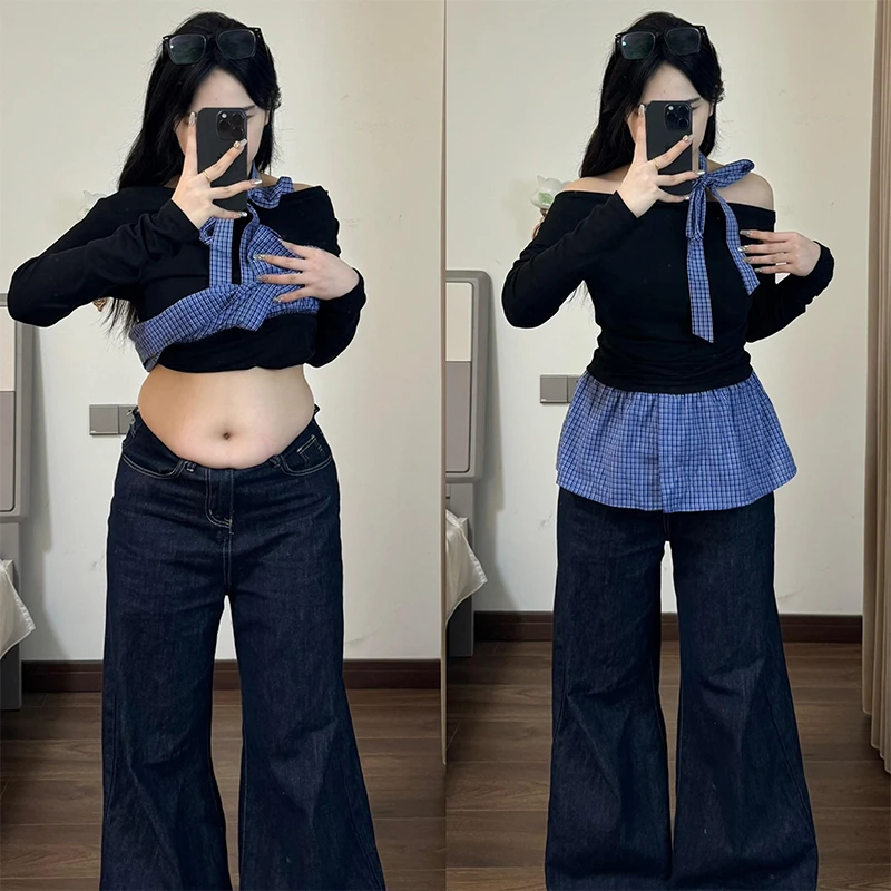 大码胖mm假两件格子拼接斜肩T恤女设计感修身显瘦长袖上衣潮
