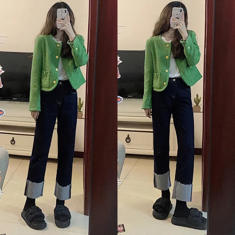 大码直筒牛仔裤女高腰秋冬新款胖mm宽松显瘦小个子卷边九分烟管裤