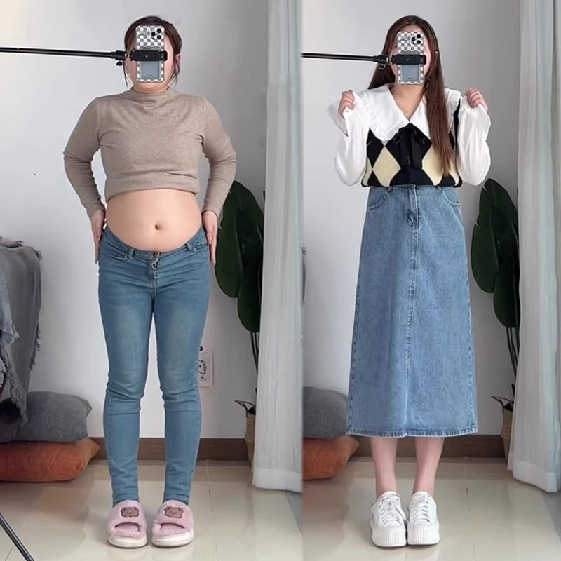 蓝色中长款胖mm显瘦遮肚梨形身材高腰a字大码牛仔半身裙小个子女