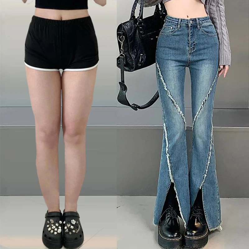 大码弹力开叉牛仔裤女微胖女生裤子遮肉显瘦胖mm高腰微喇叭长裤