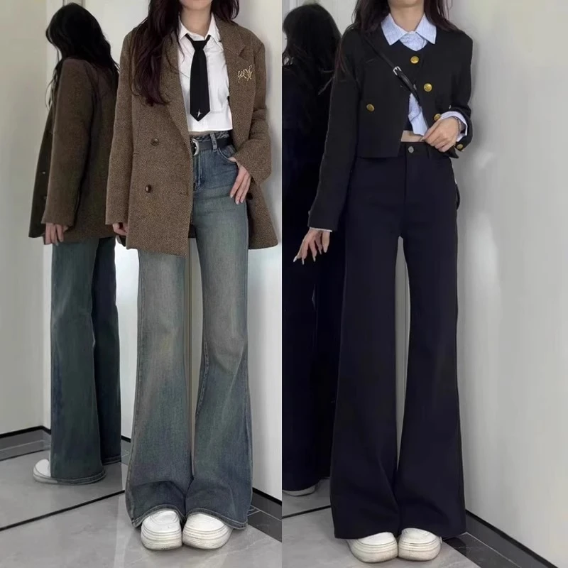 黑色微喇加绒牛仔裤女秋冬新款大码胖mm小个子高腰显瘦弹力喇叭裤