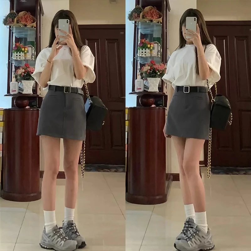 美式复古灰色高腰a字半身裙女夏季2025新款大码显瘦辣妹包臀短裙