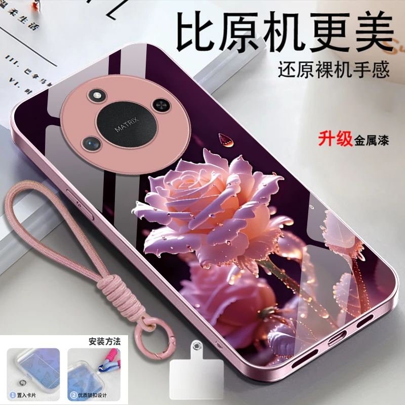绽放玫瑰荣耀X60手机壳BRC-AN00耐脏玻璃壳高级感散热新款全包