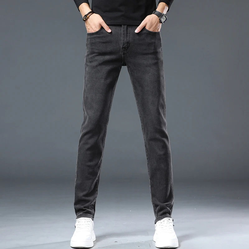 秋冬款高档深灰色男士牛仔裤弹力修身小直筒显瘦简约时尚牛仔裤男