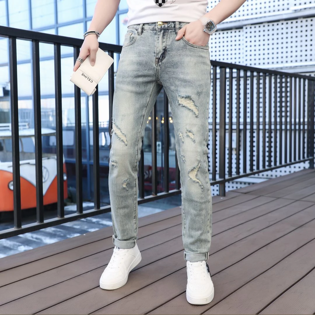 春夏季破洞牛仔裤男士修身小脚弹力潮流个性时尚休闲水洗薄款韩版