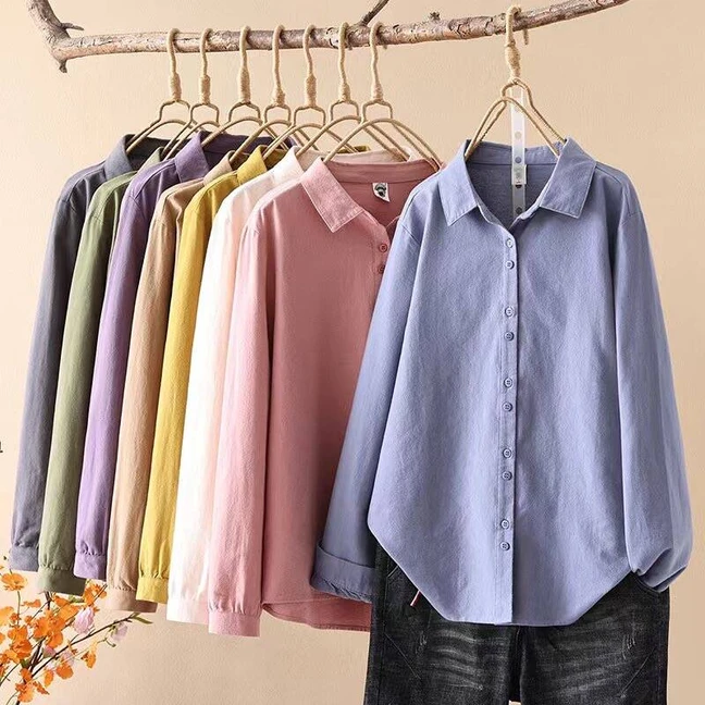 双扣单层磨毛纯色衬衫女士上衣纯棉磨毛百搭宽松遮肉小个子衬衣
