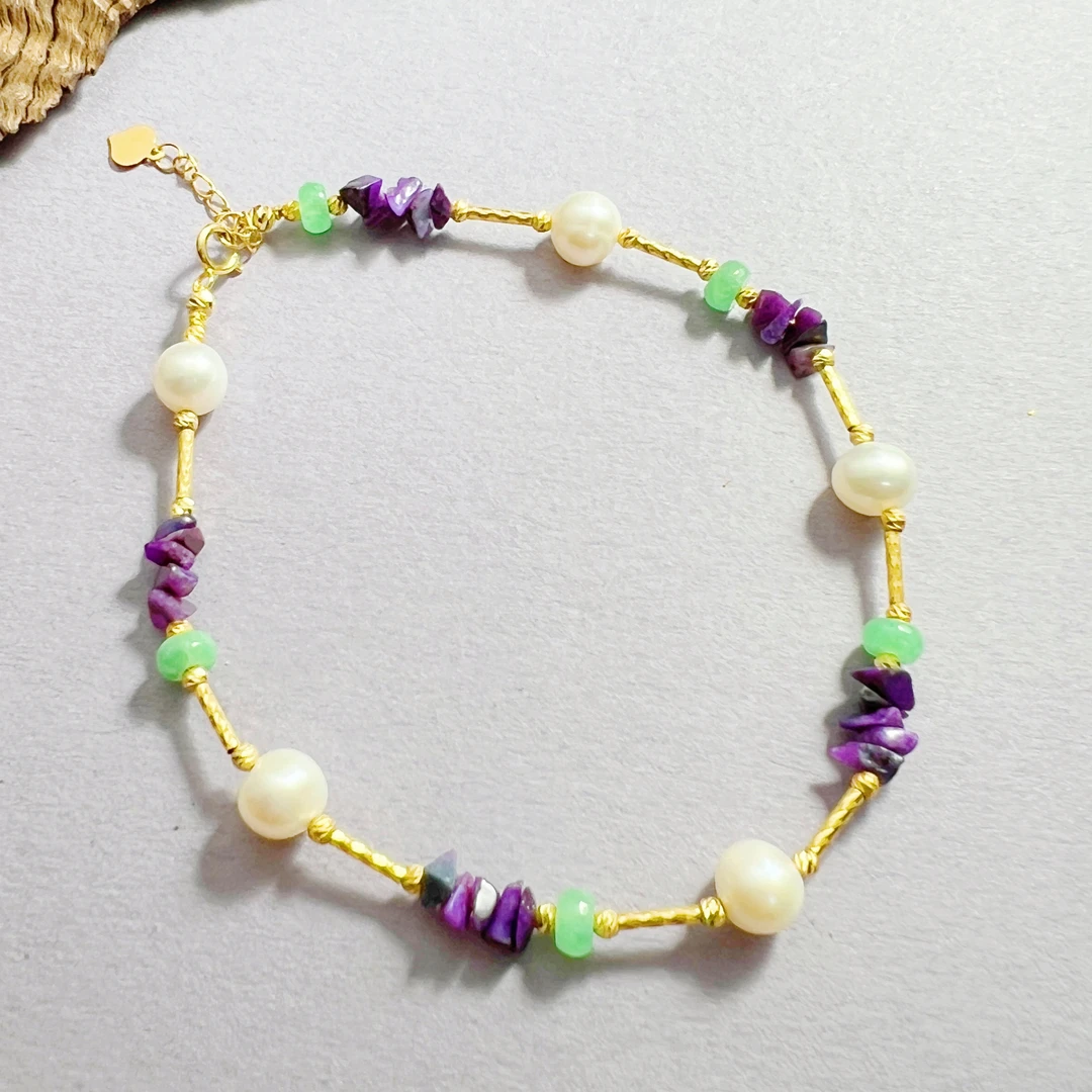 【圣芭黎】18K天然舒俱来手链樱花紫随型珍珠翡翠4多样性发一D0963