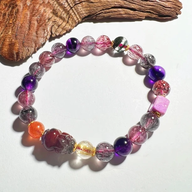 【圣芭黎】天然舒俱来樱花粉极光貔貅超七18K手串8多样发一DD517