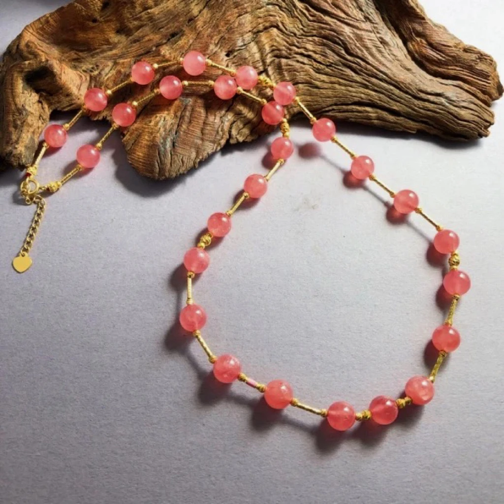 【圣芭黎】18K天然红纹石项链菱锰矿6+多样性发一D1077