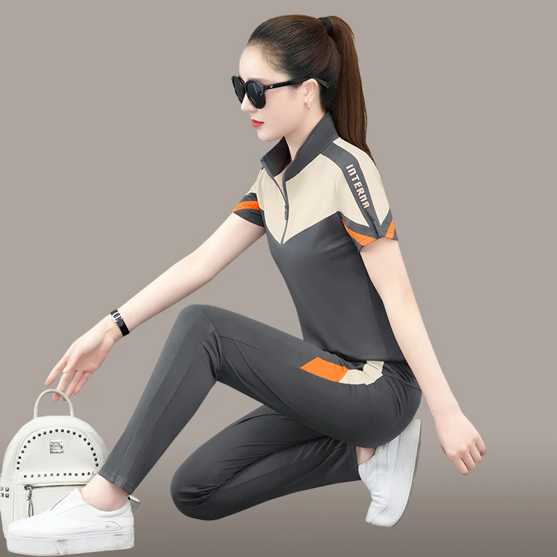 夏季运动套装女2025新款时尚洋气夏季拼色短袖休闲跑步服两件套薄
