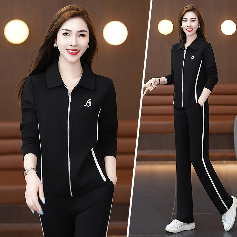 运动套装女2024新款春秋季时尚翻领洋气长袖显瘦卫衣休闲服两件套