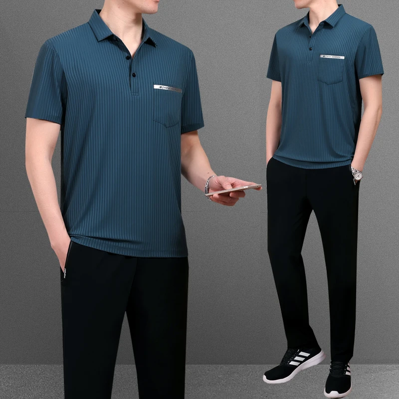 爸爸夏装冰丝套装中老年休闲运动服套装男士中年短袖t恤父亲夏季
