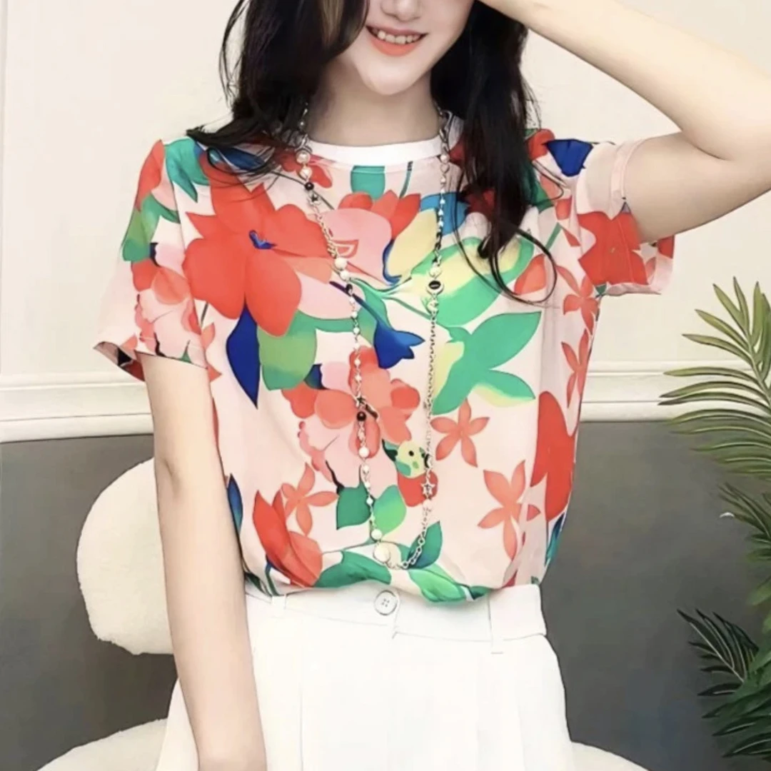 【真丝清仓】红花绿意桑蚕丝上衣 印花真丝短袖T恤宽松显瘦2024春夏