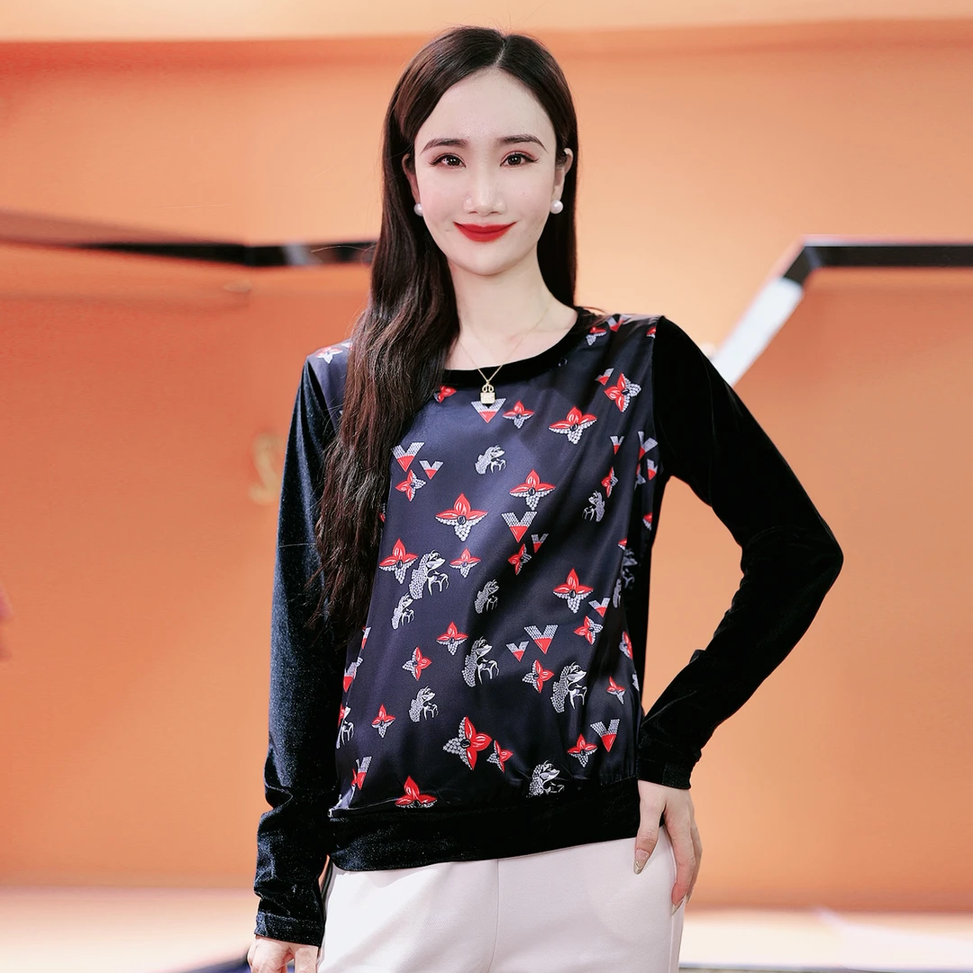"耳钉花‘’桑蚕丝印花上衣拼真丝绒长袖打底衫 卫衣外套女2024秋