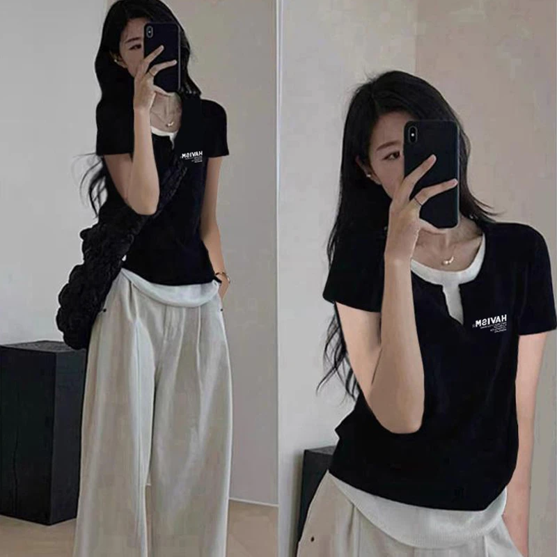 欧货黑色假两件v领t恤女短袖2024夏季新款打底上衣修身撞色