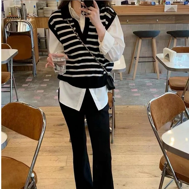 大人女装款毛衣条纹针织宽松显瘦春秋洋气背心毛衣大人休闲设计感