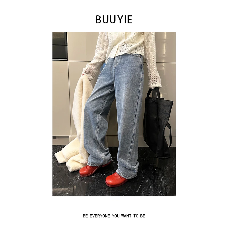 BUUYIE 经典直筒型松量轻盈感休闲百搭显瘦浅蓝牛仔裤 2470461