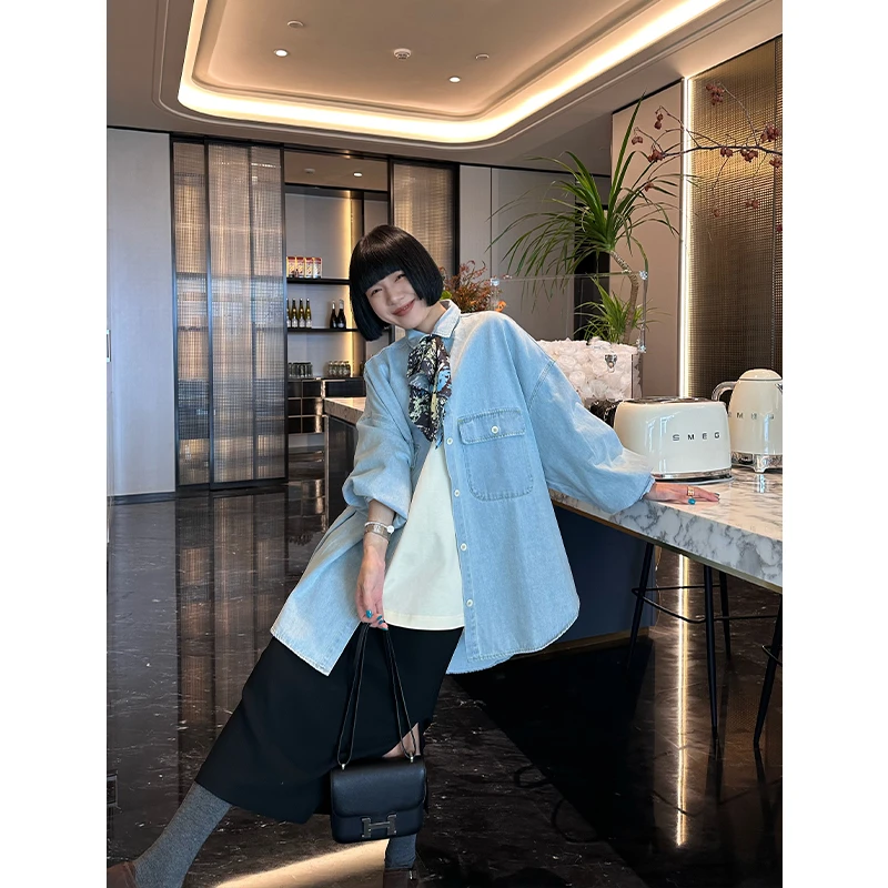 BUUYIE  高级定制设计师款口袋翻领排扣裁剪软牛仔上衣衬衫 99582