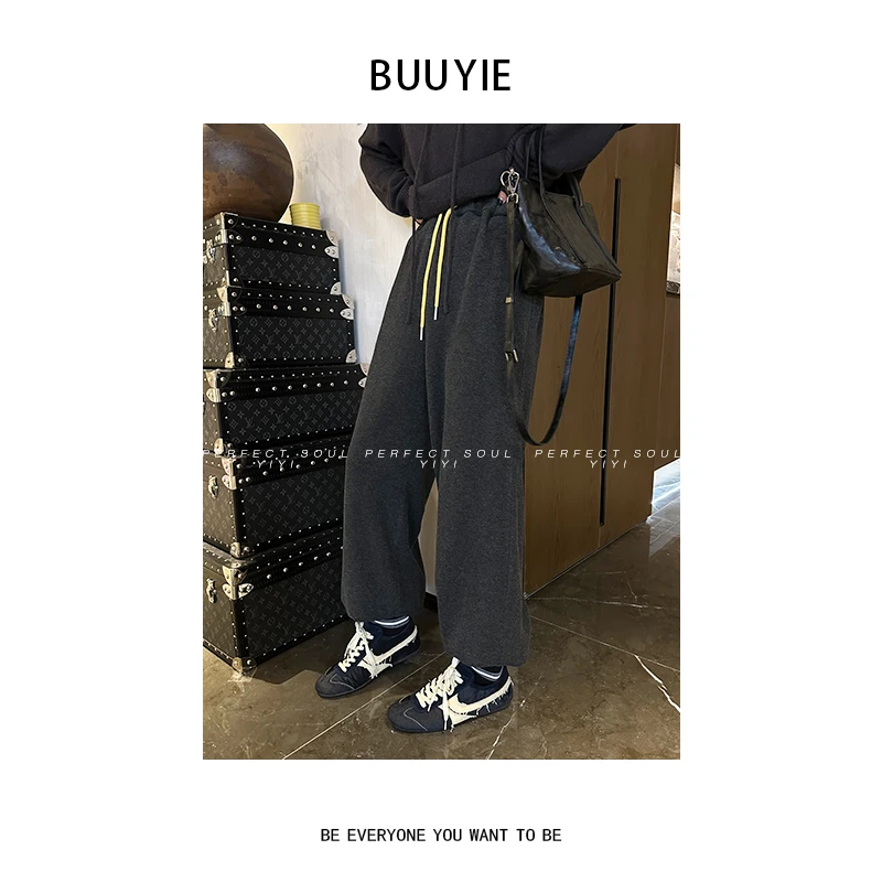 BUUYIE 冬季新款极简风加绒高腰抽绳松紧腰束脚休闲裤 2470539
