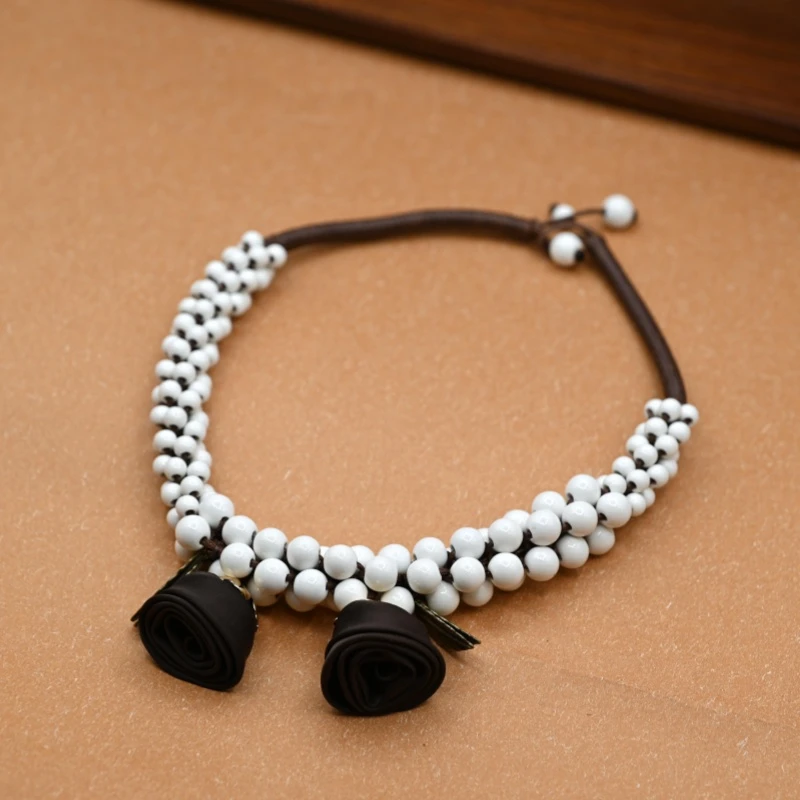 合金陶瓷项链 黑色时尚优雅轻奢百搭民族风布艺玫瑰纯手工毛衣链