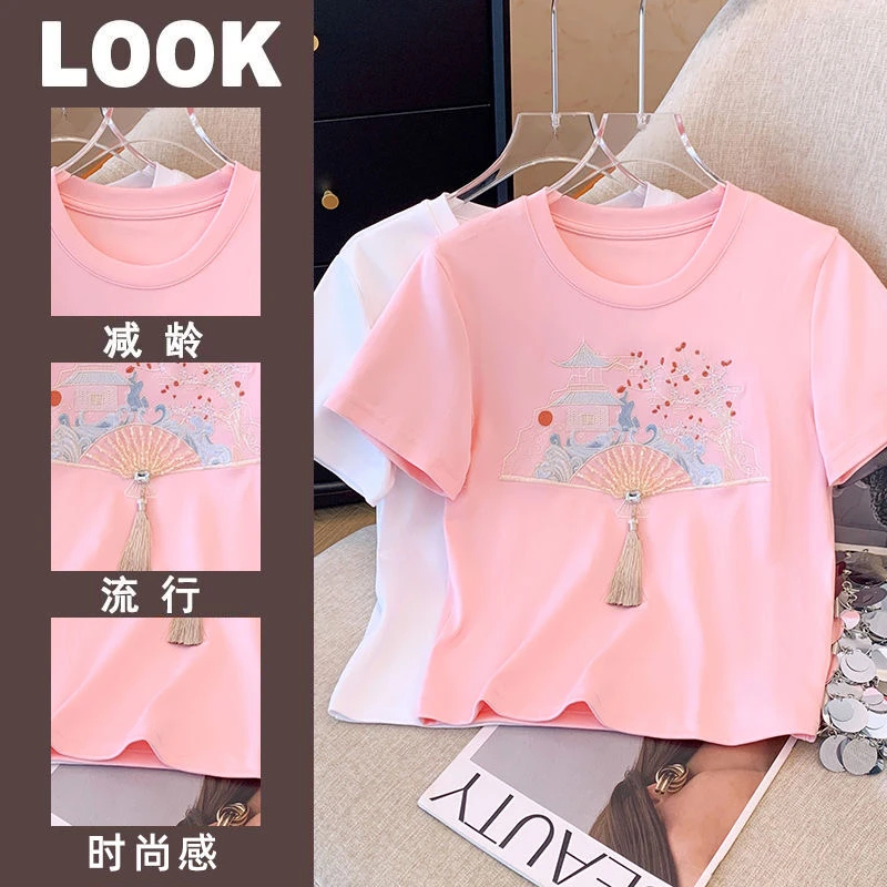 女童夏季短款短袖T恤新款洋气时尚中大童百搭新中式国风流苏上衣