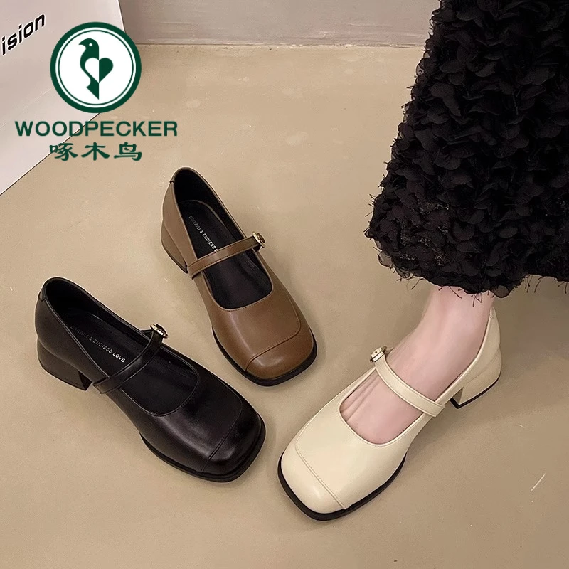 啄木鸟法式浅口单鞋2025秋季新款粗跟方头配高跟鞋一字带玛丽珍鞋