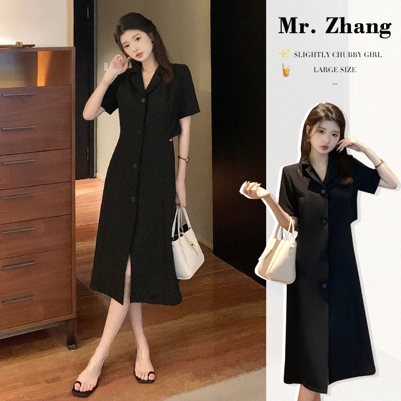 微胖女装赫本风法式短袖大码连衣裙2024夏季新款显瘦中长裙T0029L