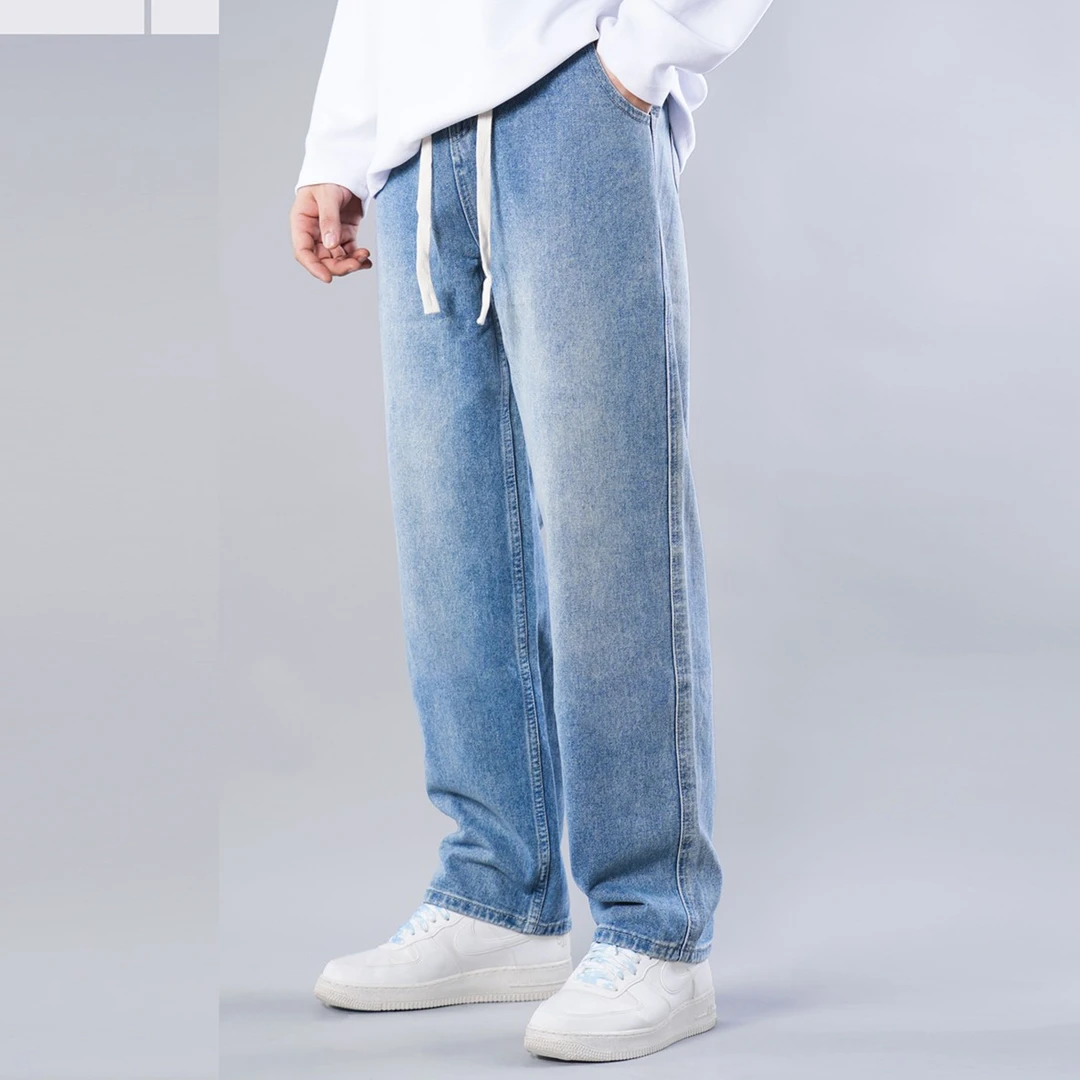 男士抽绳薄款水洗牛仔裤秋季新款复古休闲直筒宽松百搭潮流长裤