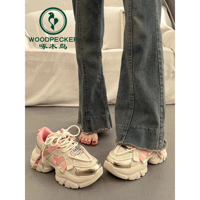 啄木鸟爆款显脚小港风厚底老爹鞋女秋冬2024新款增高休闲运动鞋