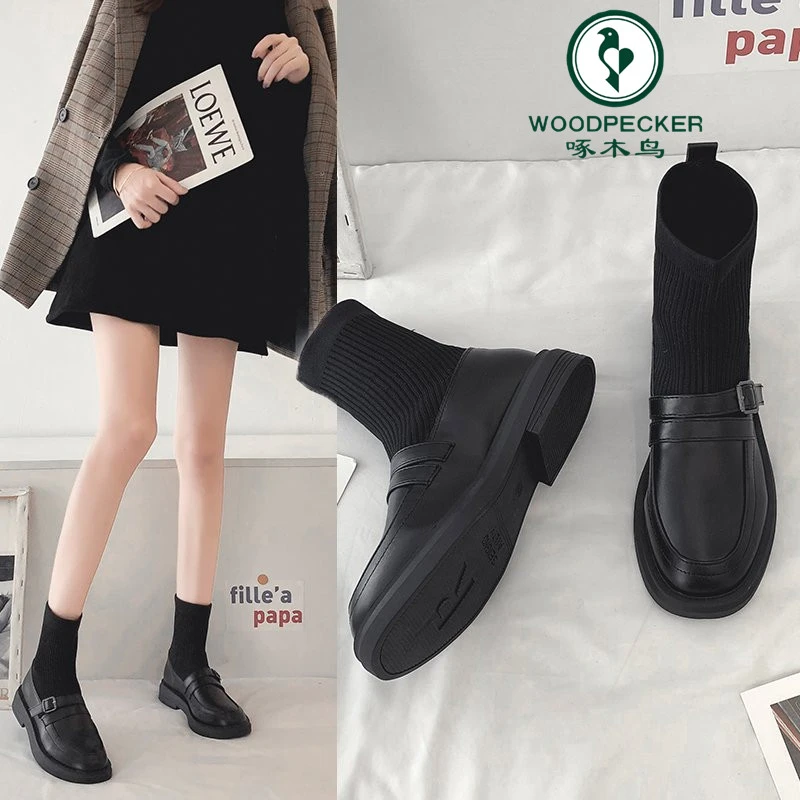 啄木鸟瘦瘦袜靴短靴女2025流行小短靴秋季新款针织连袜英伦小皮鞋