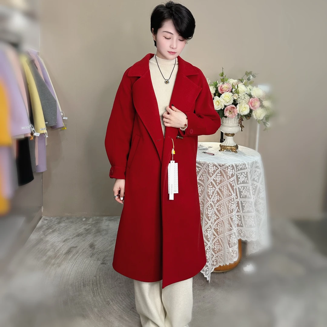 秋冬中长款大西装领双面呢大衣毛呢外套