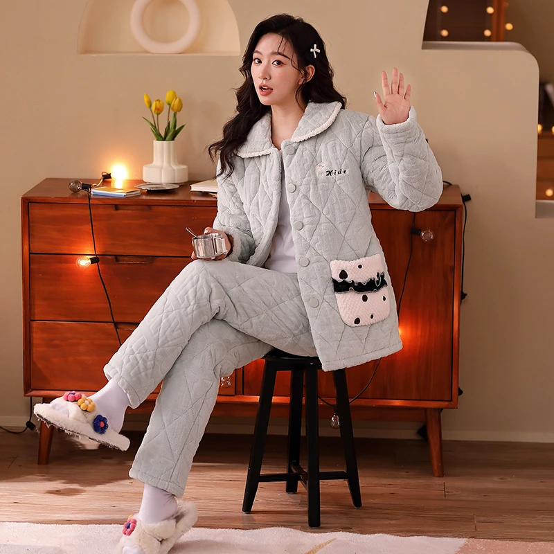 【WIDE】2024新款三层夹棉加厚加绒家居服保暖睡衣冬天居家#6606