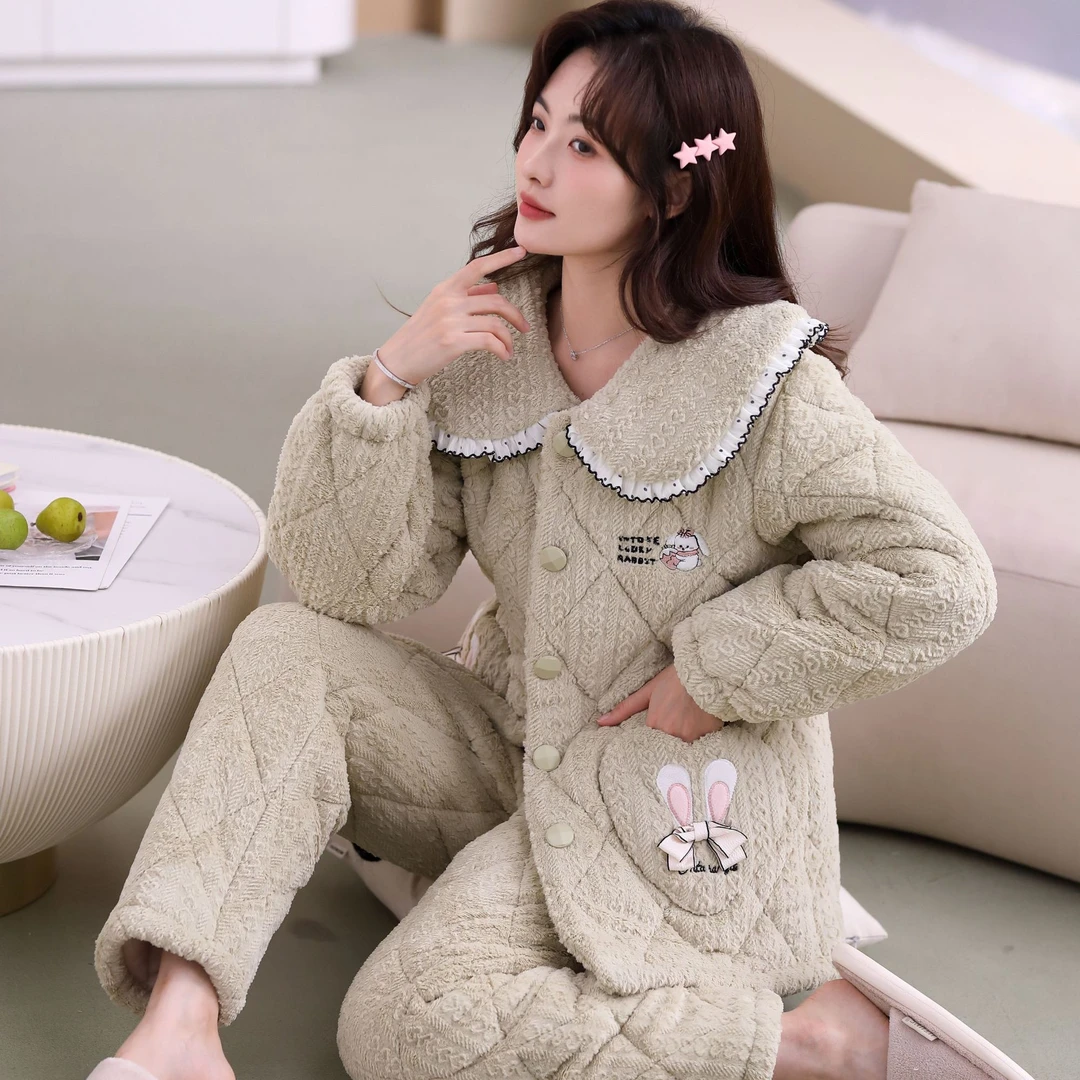 新款三层夹棉加厚女士冬季保暖外穿女款长袖加厚家居服套装加绒