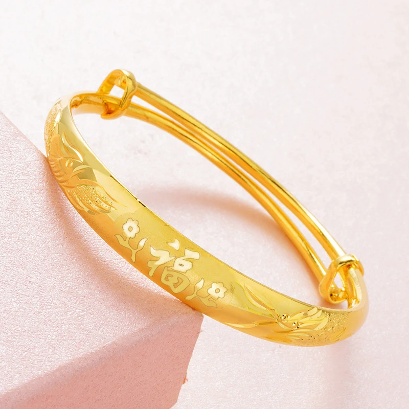 加厚10mm女款龙凤推拉手镯精品福字金色镯子时尚