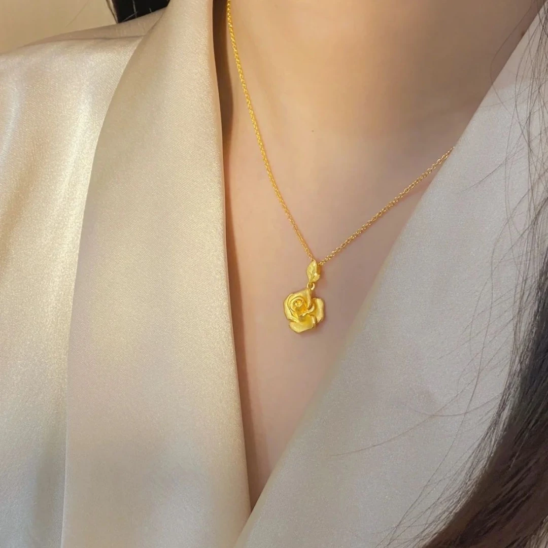 合金项链 时尚精美 玫瑰花吊坠配o字链浪漫复古气质轻奢