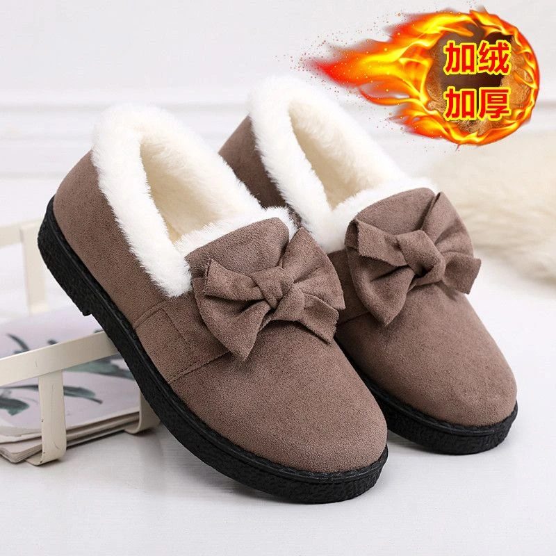 冬季新款老北京棉鞋女加绒加厚保暖妈妈鞋短筒蝴蝶结一脚蹬雪地靴