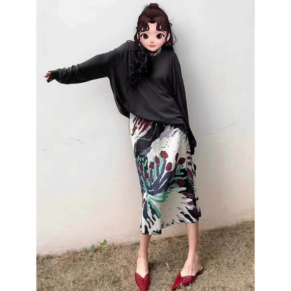 三宅风褶皱半身裙2024夏季新款印花设计感小众宽松百搭大码百褶裙