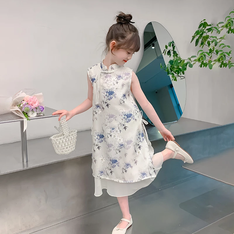 2025新款时尚女童夏季新中国中国风复古水墨画旗袍裙X12045