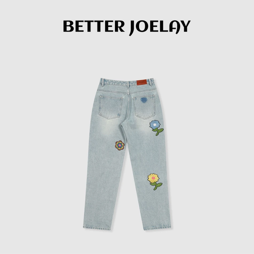 BETTERJOELAY -【花草镶嵌】百搭微宽松休闲可爱花草牛仔裤 JG9223
