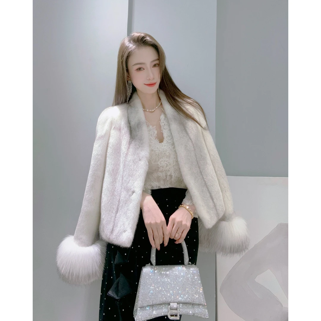 希屿V领狐狸手袖毛银十字水貂皮草女款显瘦女款外套