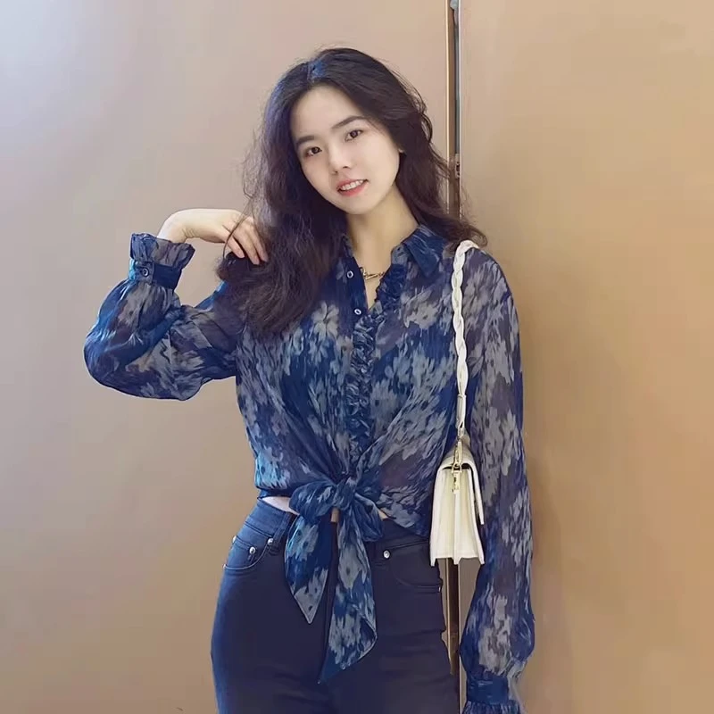 商场同款气质蕾丝减龄长袖绑带衬衫新款财阀千金女装外搭轻薄透气