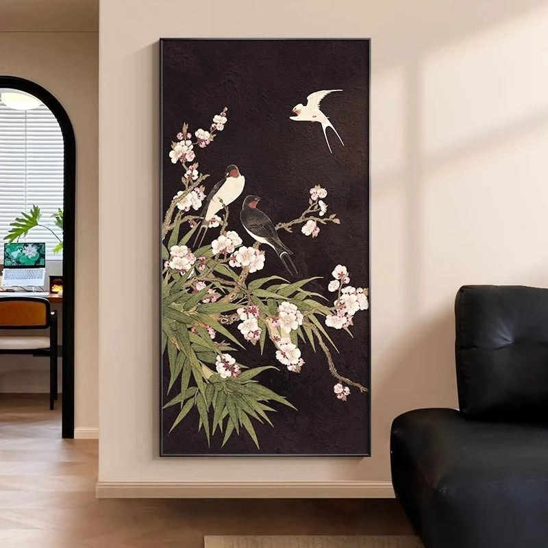 喜上眉梢入户玄关装饰画中古风走廊过道挂画新中式高级感茶室壁画