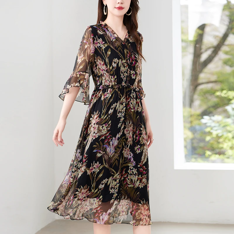 【三姐妹】100%桑蚕丝夏季收腰显瘦中长款女装连衣裙82497350