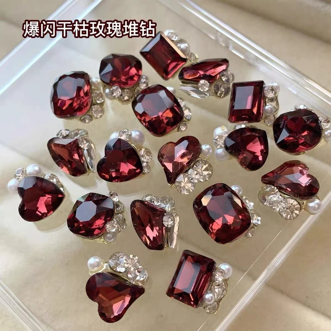 干枯玫瑰美甲堆钻酒红色暗紫色长方肥方枕头歪心指甲成品钻球饰品