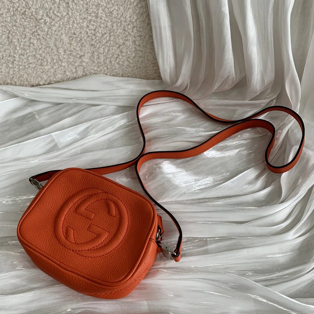 99新 GUCCI/古驰 橙色双G斜挎相机包奢侈经典荔枝纹复古时髦辣妹